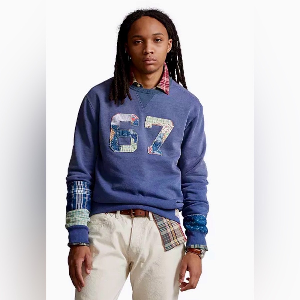 NWT! Polo Ralph Lauren Patchwork Fleece Sweatshirt Crewneck 67 Blue Small